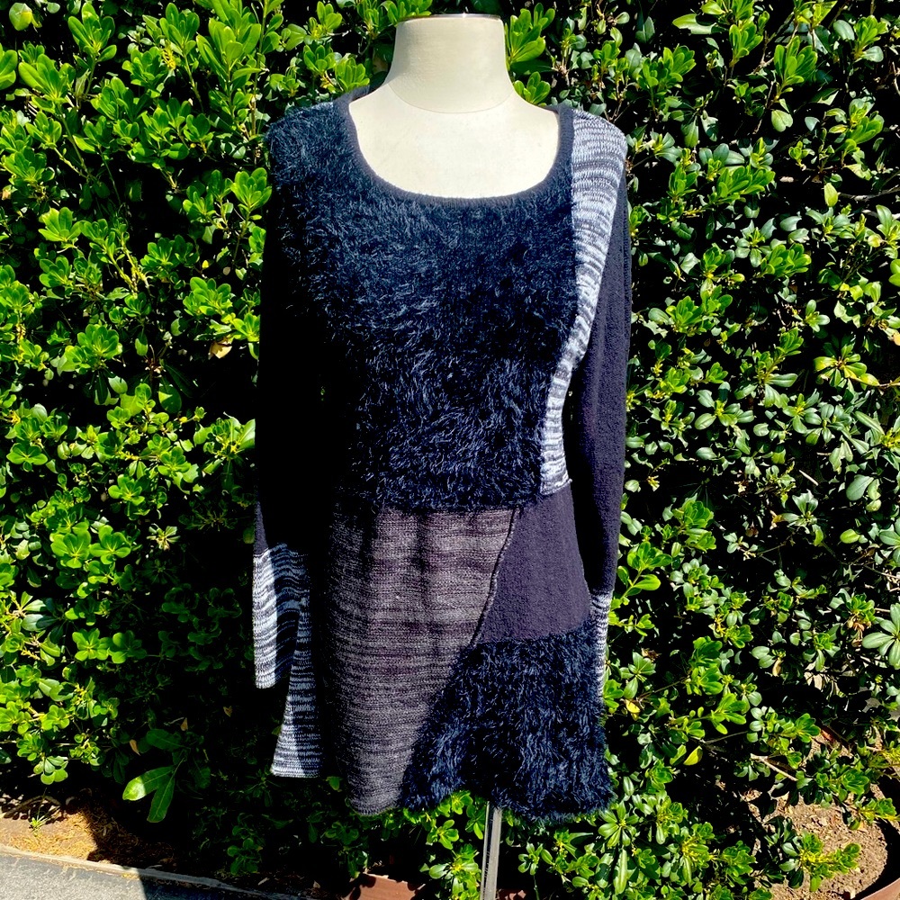 Vintage Black Multi Fabric Long-sleeve Dress